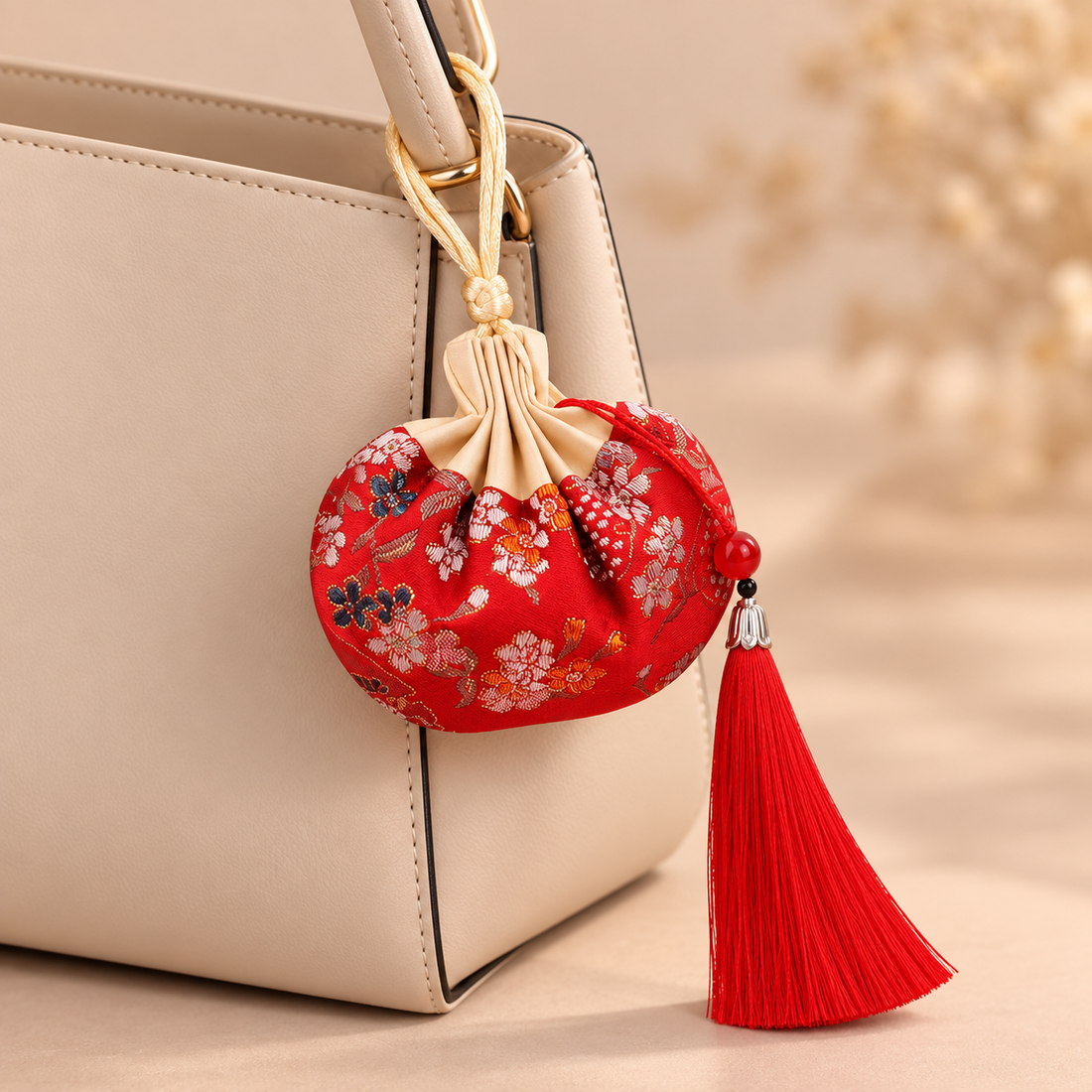 Embroidered sachet outer bag beside a separate fabric insert and drawstring cord. Use only if the product actually has a separate insert.