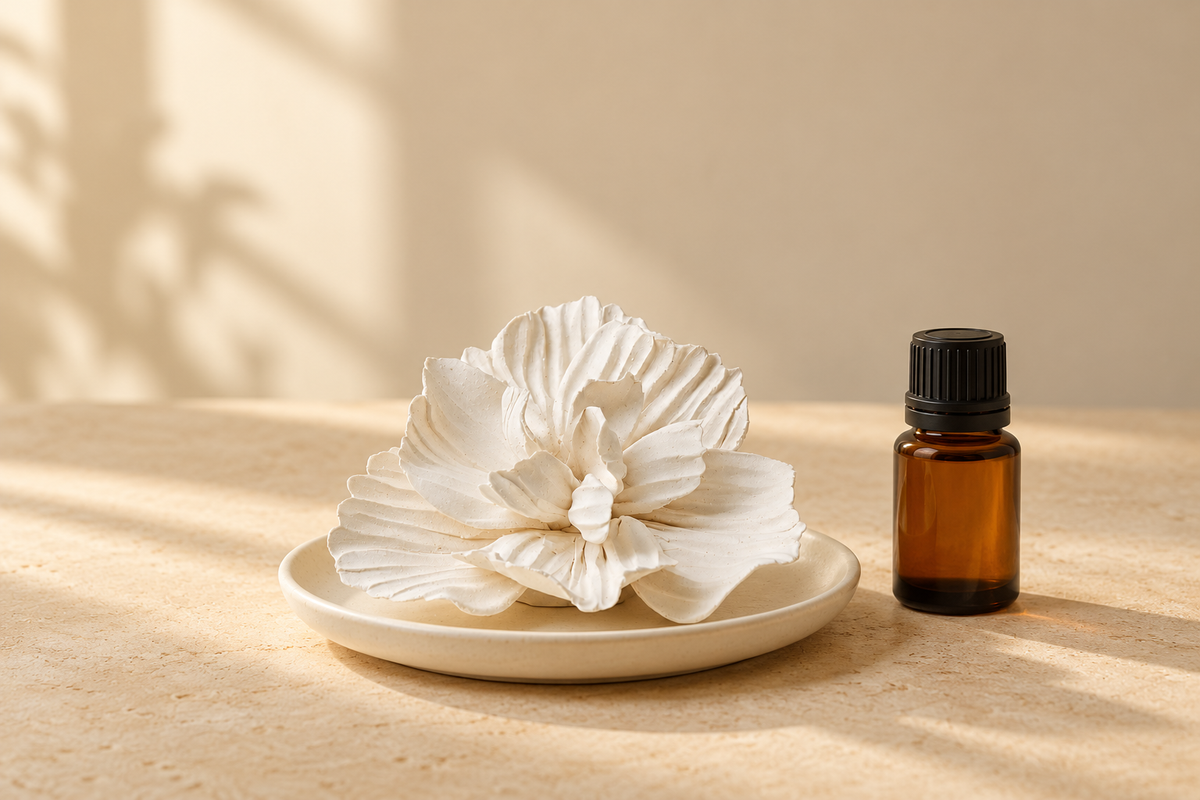AI-styled scene of ScentMatter’s white ceramic flower on a saucer beside an amber oil bottle