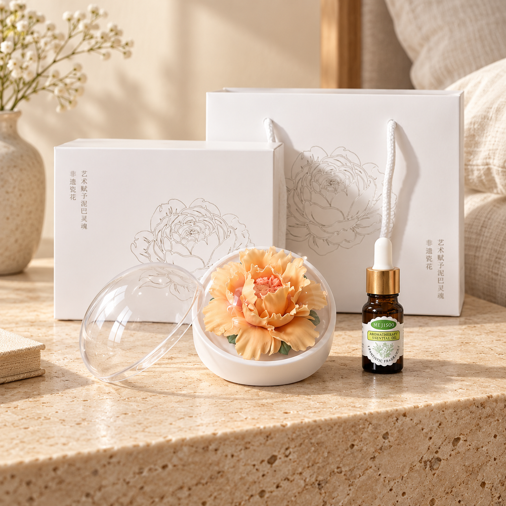 Apricot ceramic peony flower and oil gift set, large version — gift set styled on a bedside table in a beige room