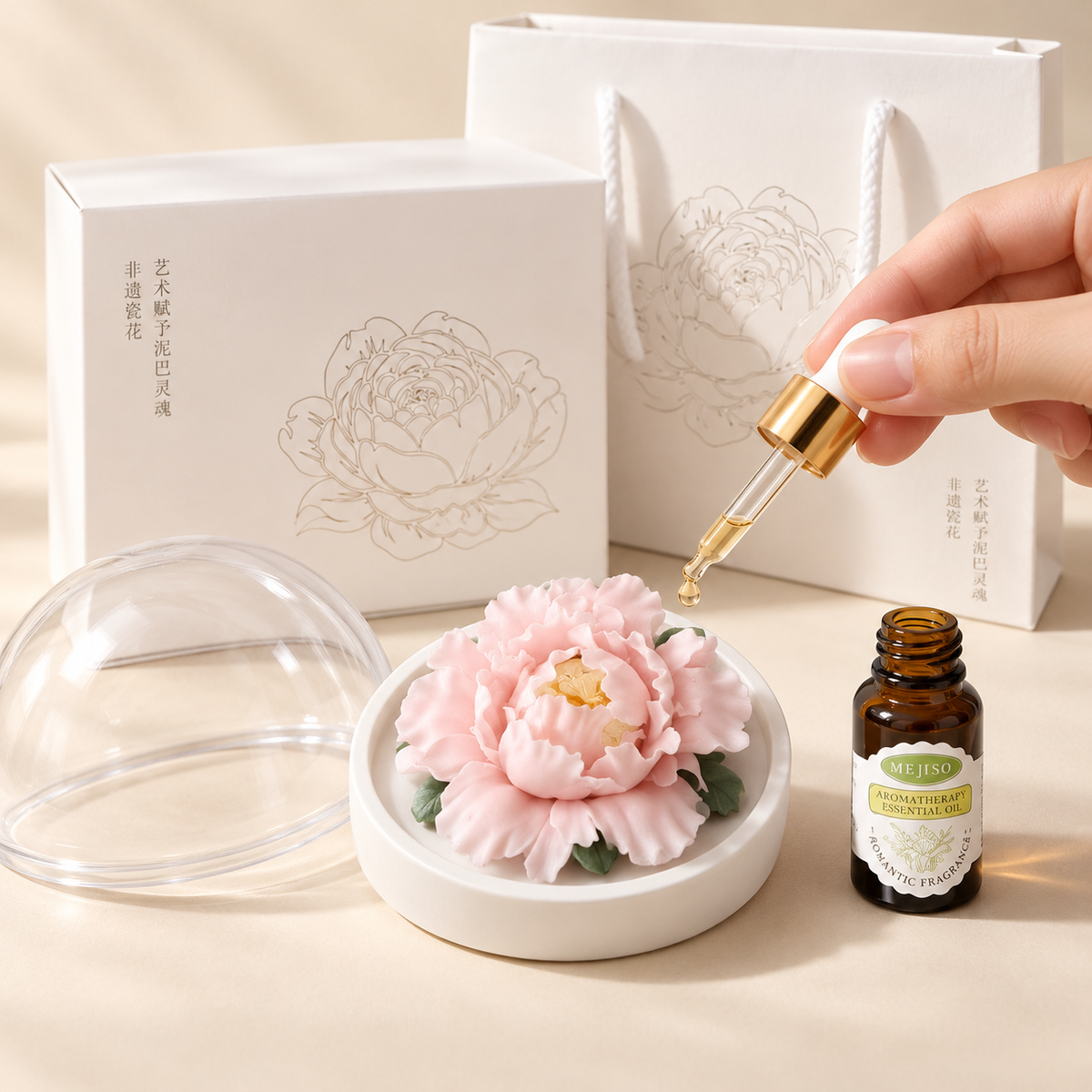 Blush Pink ceramic peony flower and oil gift set, large version — oil being dropped onto the ceramic flower petals