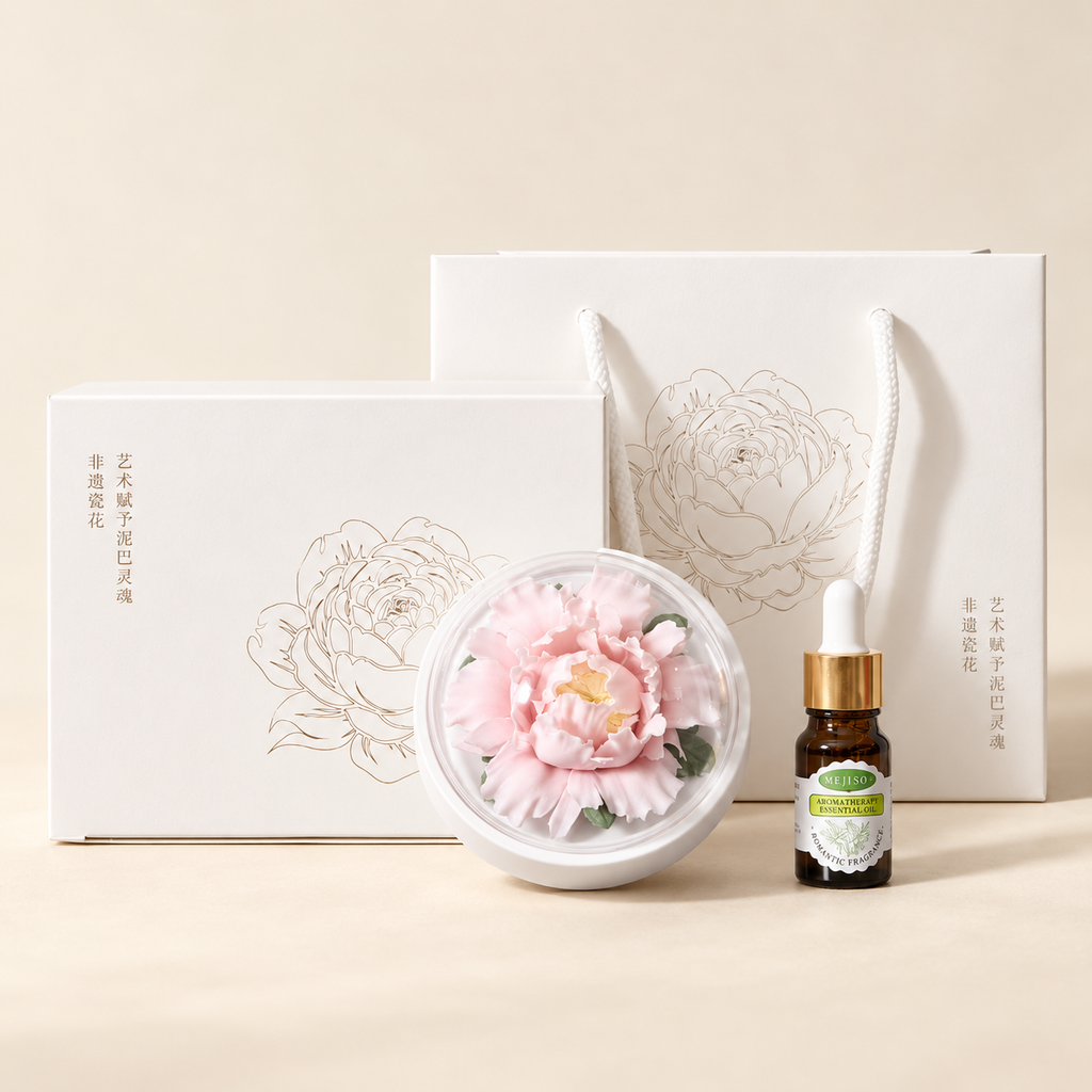 Blush Pink ceramic peony flower and oil gift set, large version — complete gift set on a beige background
