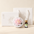 Blush Pink ceramic peony flower and oil gift set, large version — complete gift set on a beige background