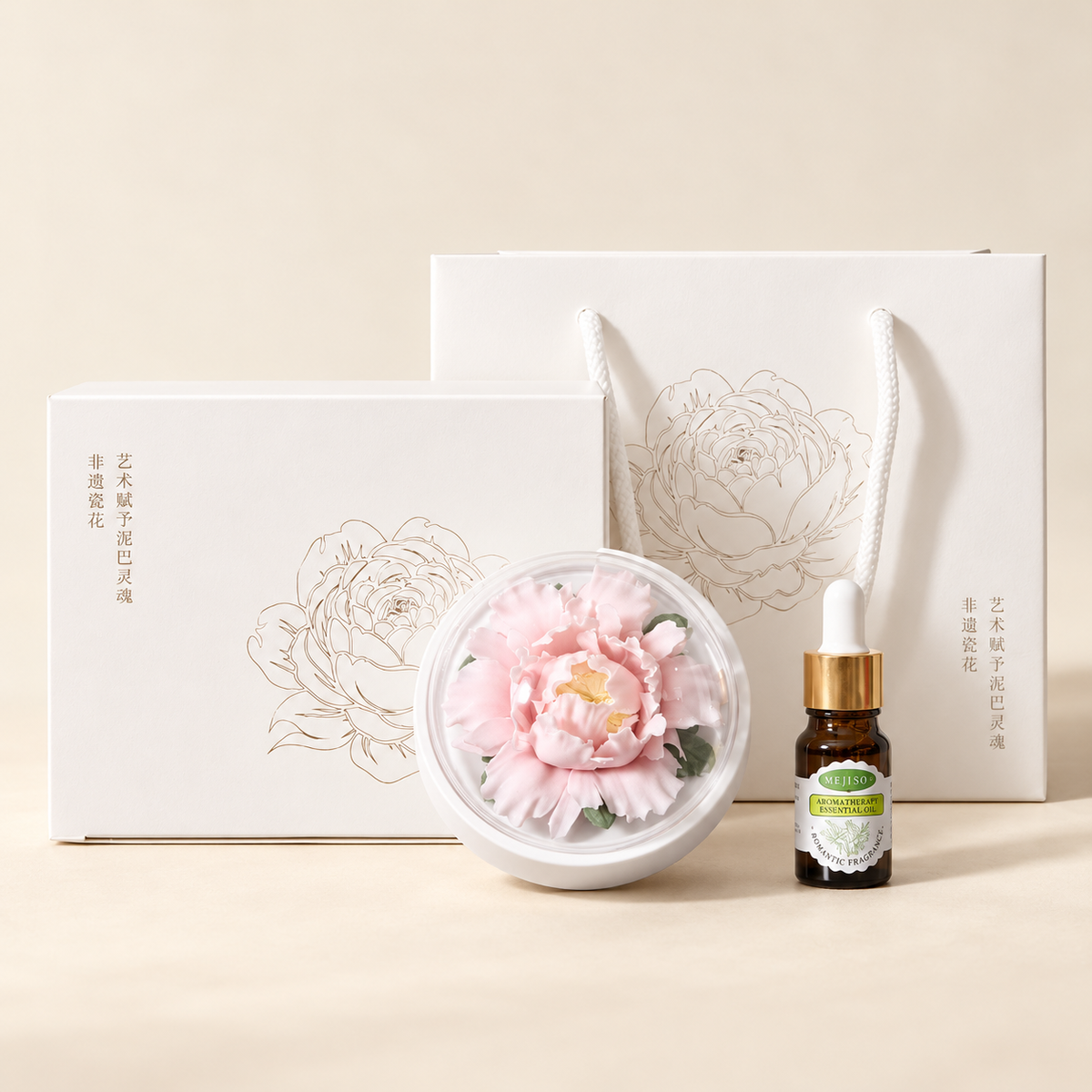 Blush Pink ceramic peony flower and oil gift set, large version — complete gift set on a beige background