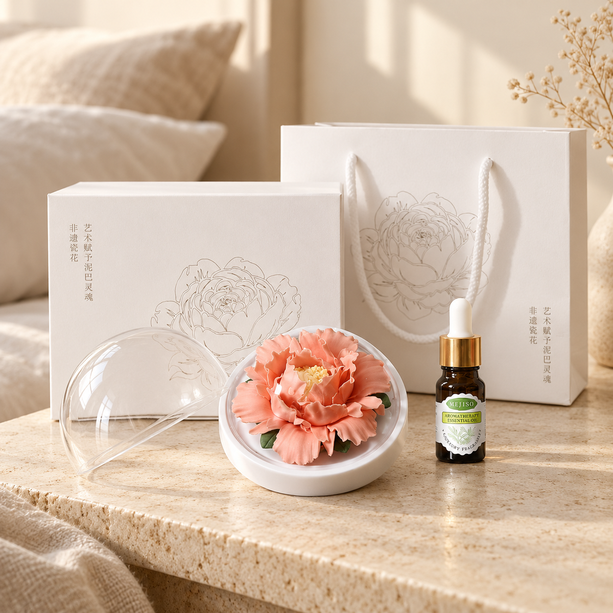 Coral ceramic peony flower and oil gift set, large version — gift set styled on a bedside table in a beige room