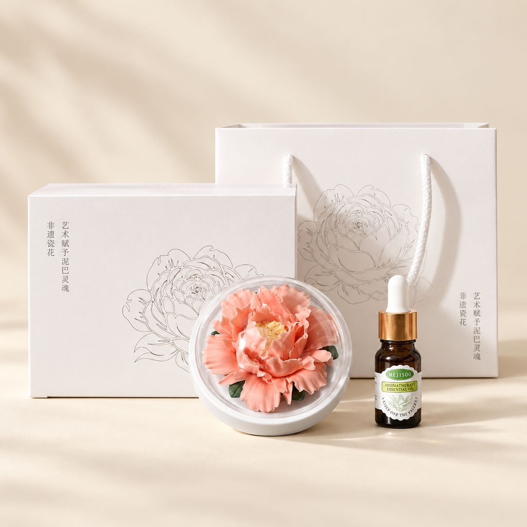 Coral ceramic peony flower and oil gift set, large version — complete gift set on a beige background