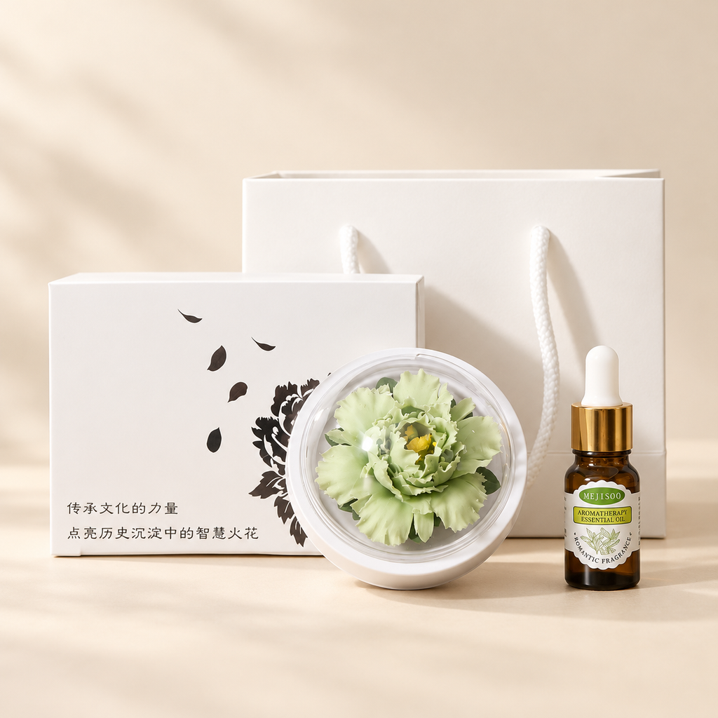 Green ceramic peony diffuser and oil gift set with clear cover, gift box and bag on a beige background