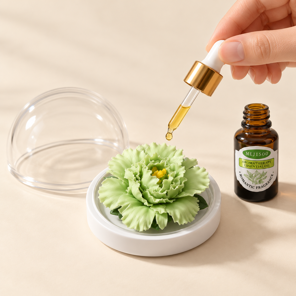 Green ceramic peony flower and oil gift set, small version — oil being dropped onto the ceramic flower petals