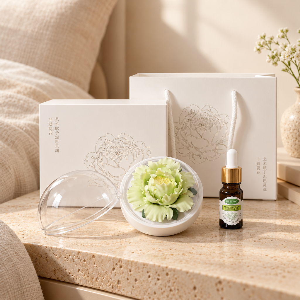 Green ceramic peony flower and oil gift set, large version — gift set styled on a bedside table in a beige room