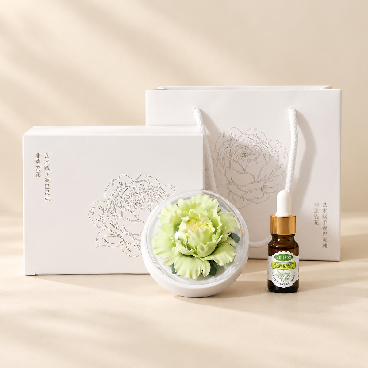 Green ceramic peony flower and oil gift set, large version — complete gift set on a beige background