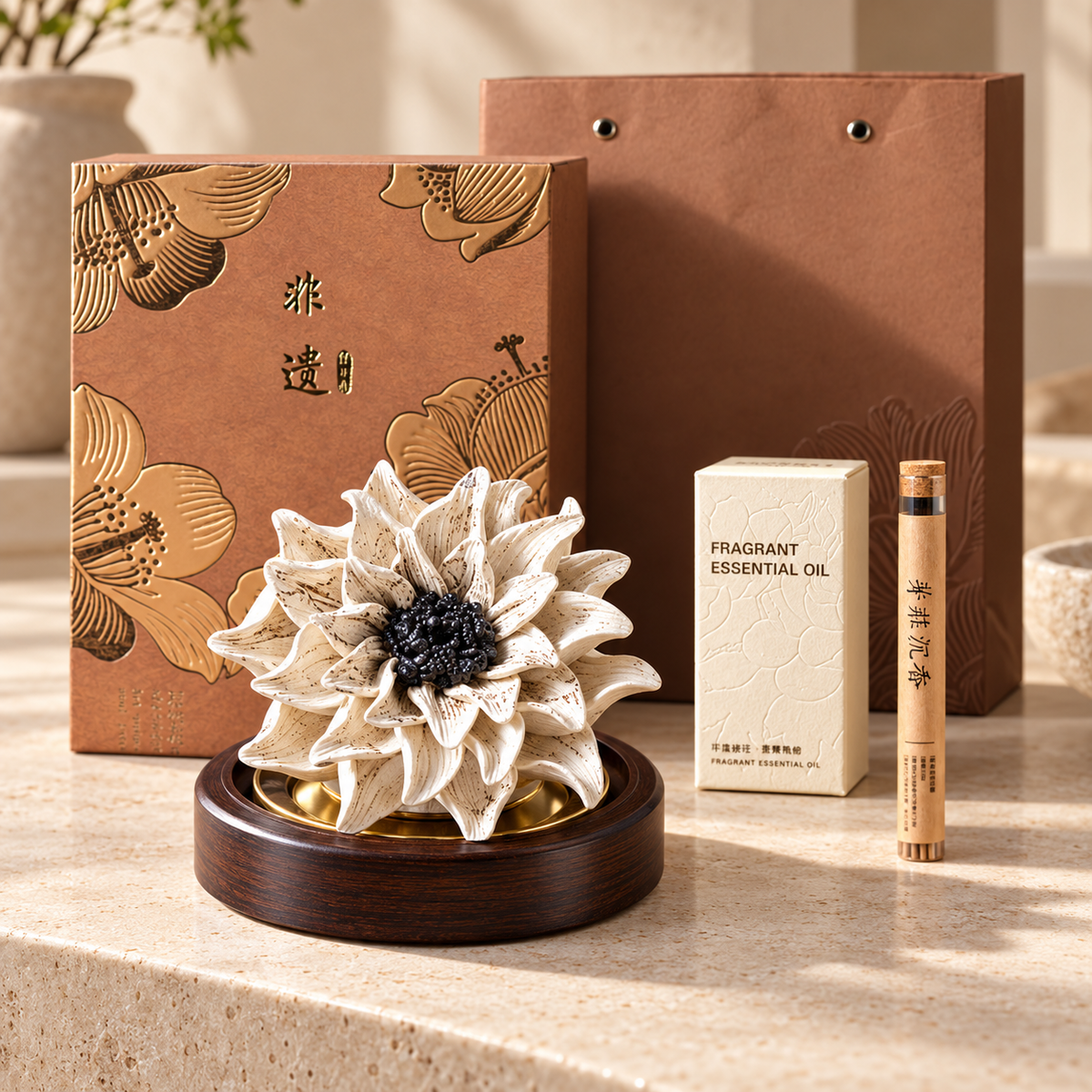Ivory Sunflower ceramic flower, oil and incense gift set — styled in a beige interior