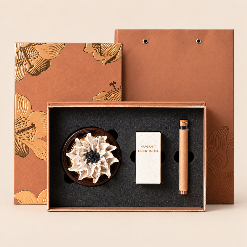 Ivory Sunflower ceramic flower, oil and incense gift set — complete set on a clean beige background