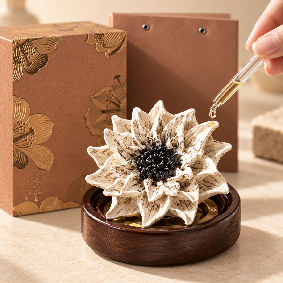 Ivory Sunflower ceramic flower, oil and incense gift set — oil applied to ceramic petals