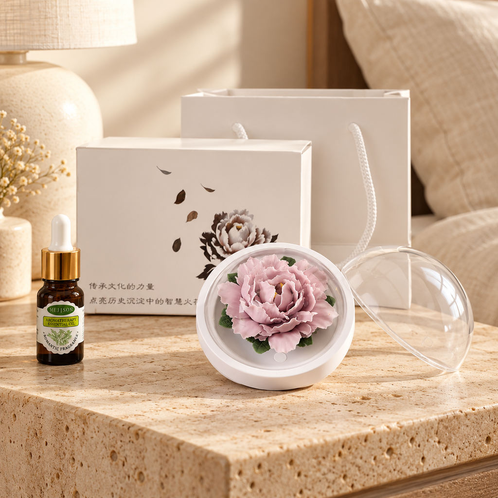 Lavender ceramic peony flower and oil gift set, compact version — gift set styled on a bedside table in a beige room