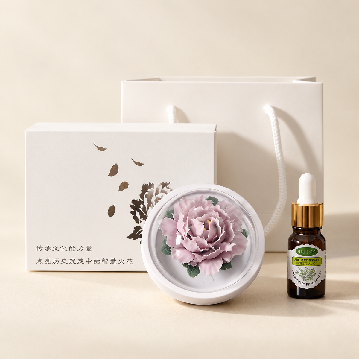 Lavender ceramic peony flower and oil gift set, compact version — complete gift set on a beige background