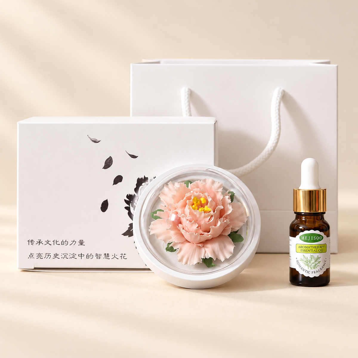 Peach ceramic peony flower and oil gift set, compact version — complete gift set on a beige background
