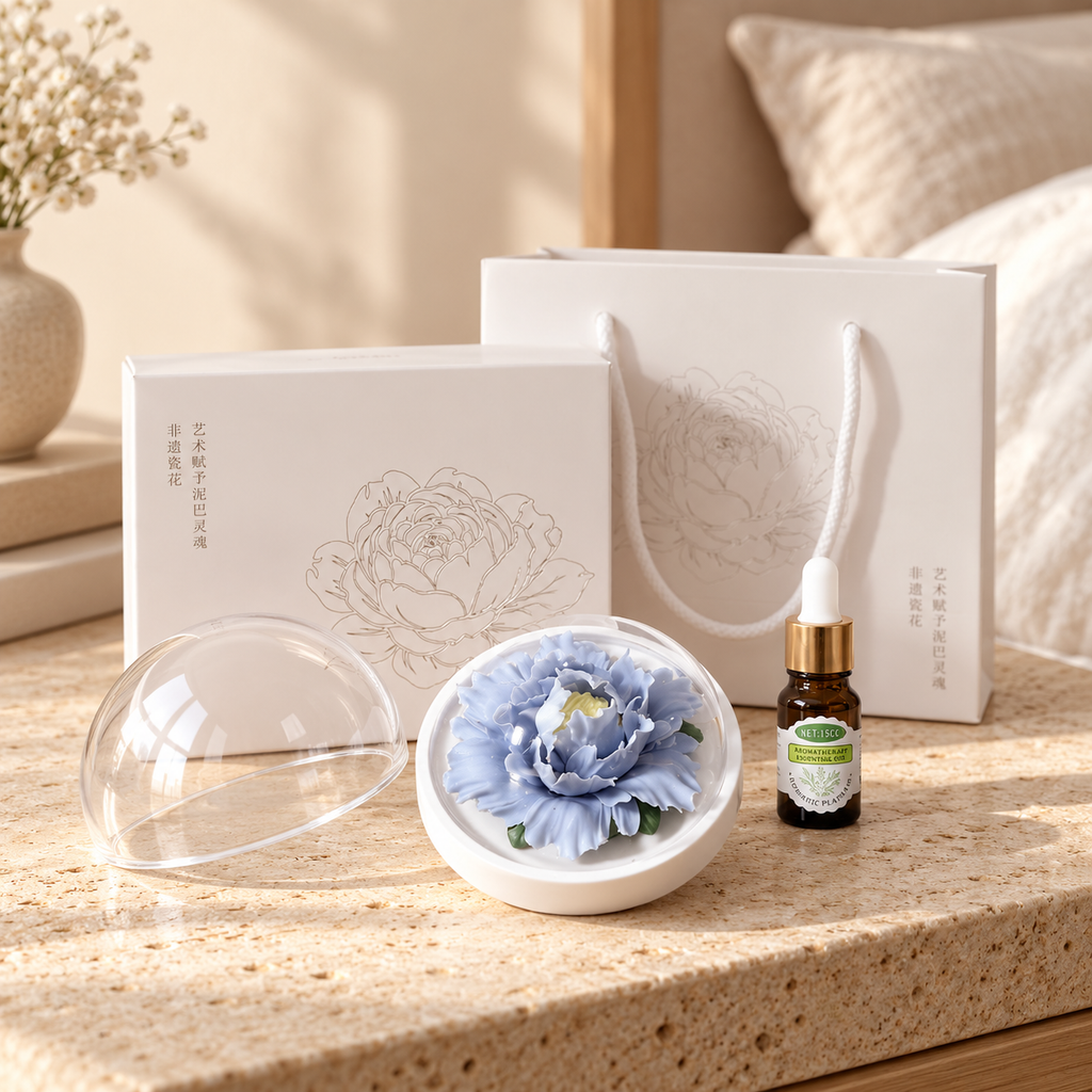 Periwinkle ceramic peony flower and oil gift set, large version — gift set styled on a bedside table in a beige room