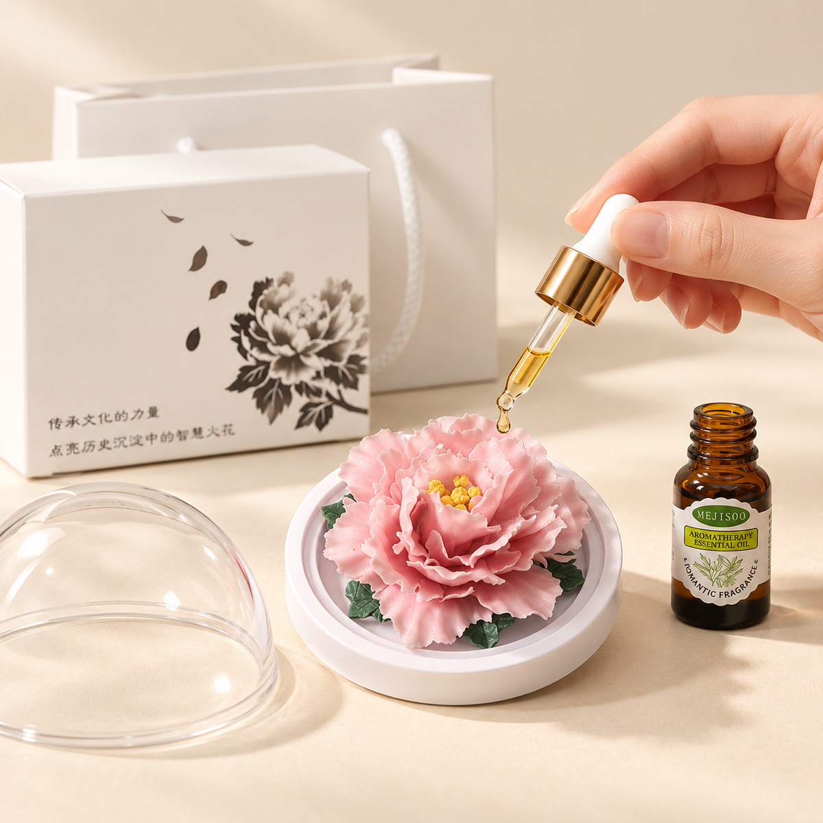 Pink ceramic peony flower and oil gift set, compact version — oil being dropped onto the ceramic flower petals