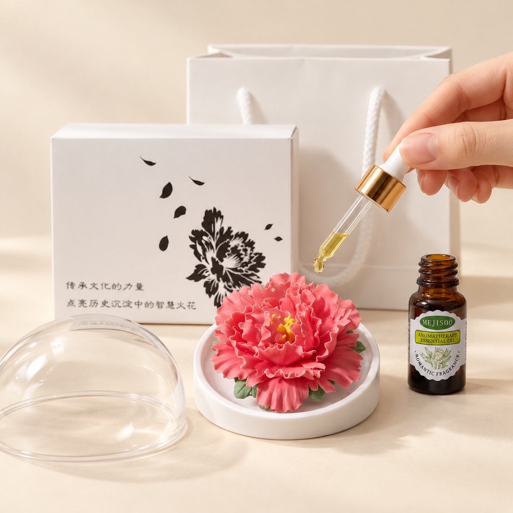 Red ceramic peony flower and oil gift set, compact version — oil being dropped onto the ceramic flower petals