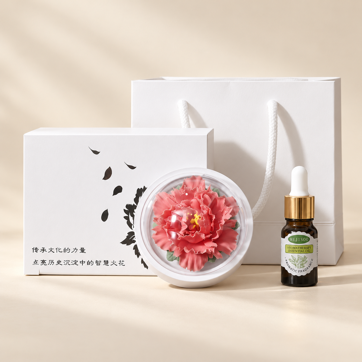 Red ceramic peony flower and oil gift set, compact version — complete gift set on a beige background