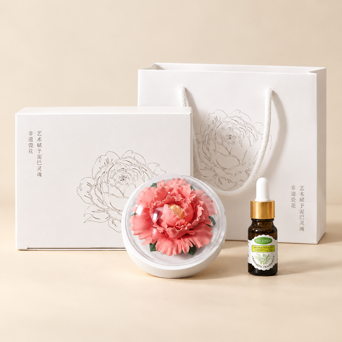 Rose Red ceramic peony flower and oil gift set, large version — complete gift set on a beige background