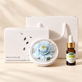 Sky Blue ceramic peony flower and oil gift set, compact version — complete gift set on a beige background