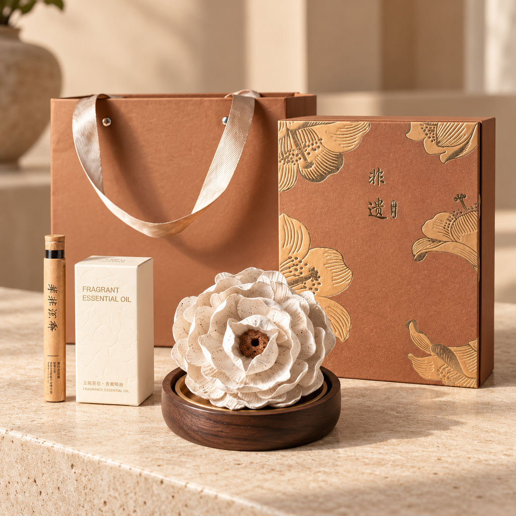 Speckled Peony ceramic flower, oil and incense gift set — styled in a beige interior