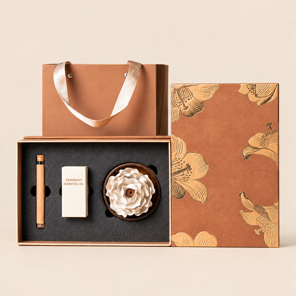 Speckled Peony ceramic flower, oil and incense gift set — complete set on a clean beige background