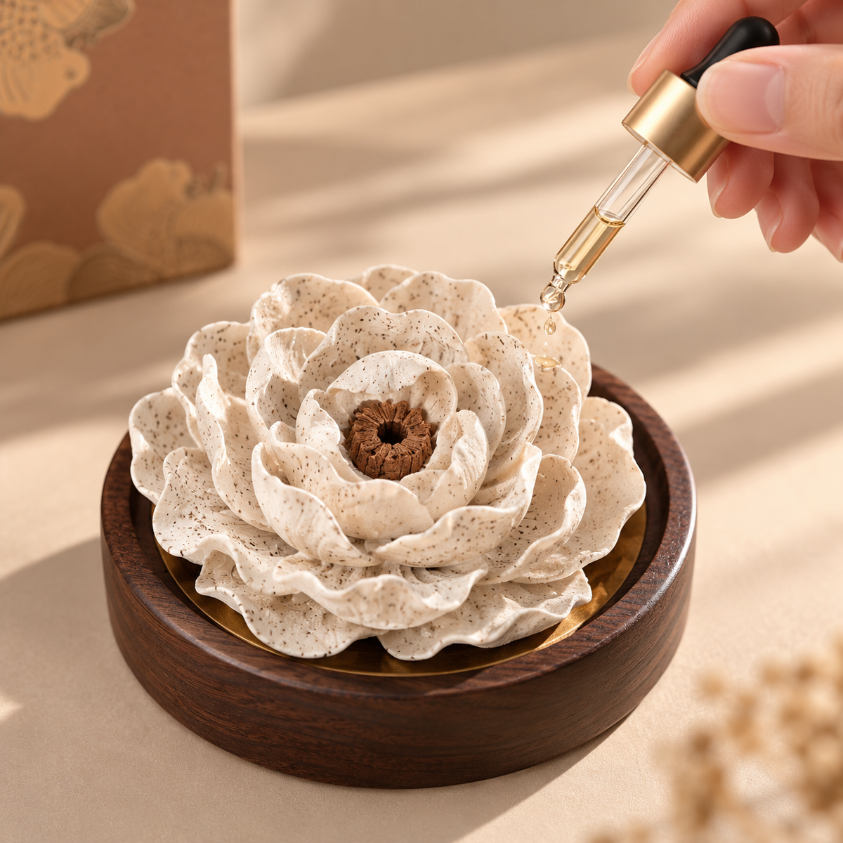 Speckled Peony ceramic flower, oil and incense gift set — oil applied to ceramic petals