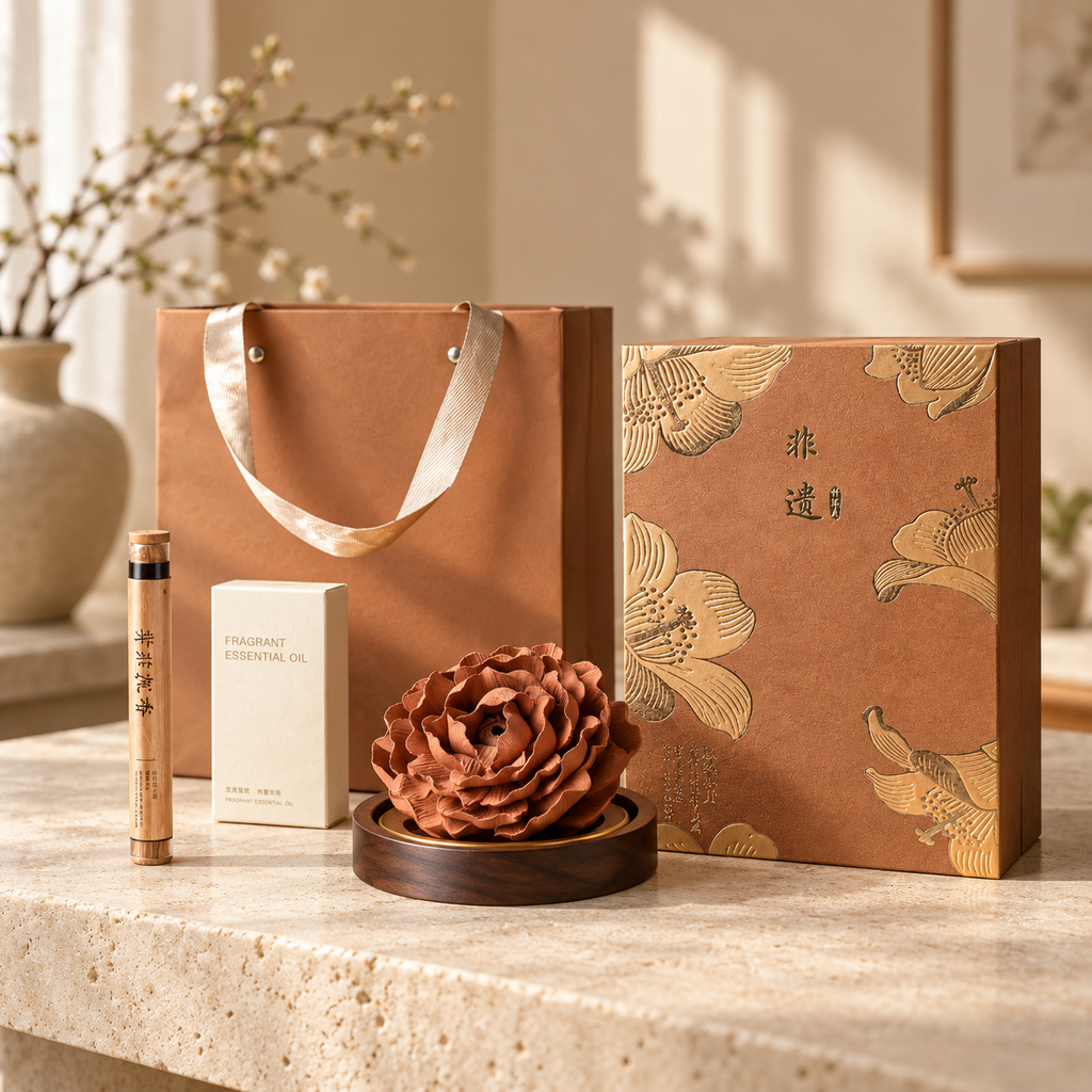 Terracotta Peony ceramic flower, oil and incense gift set — styled in a beige interior