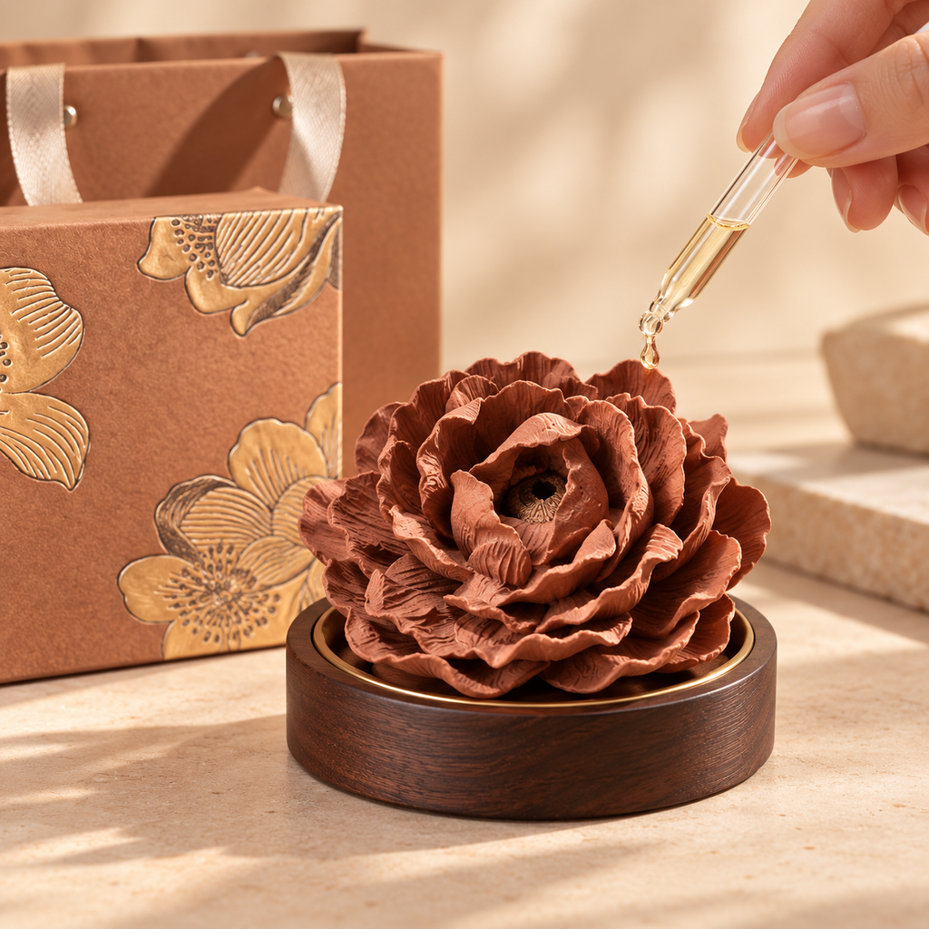 Terracotta Peony ceramic flower, oil and incense gift set — oil applied to ceramic petals