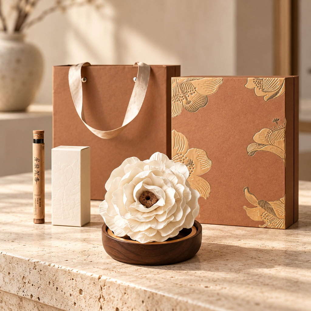 White Peony ceramic flower, oil and incense gift set — styled in a beige interior
