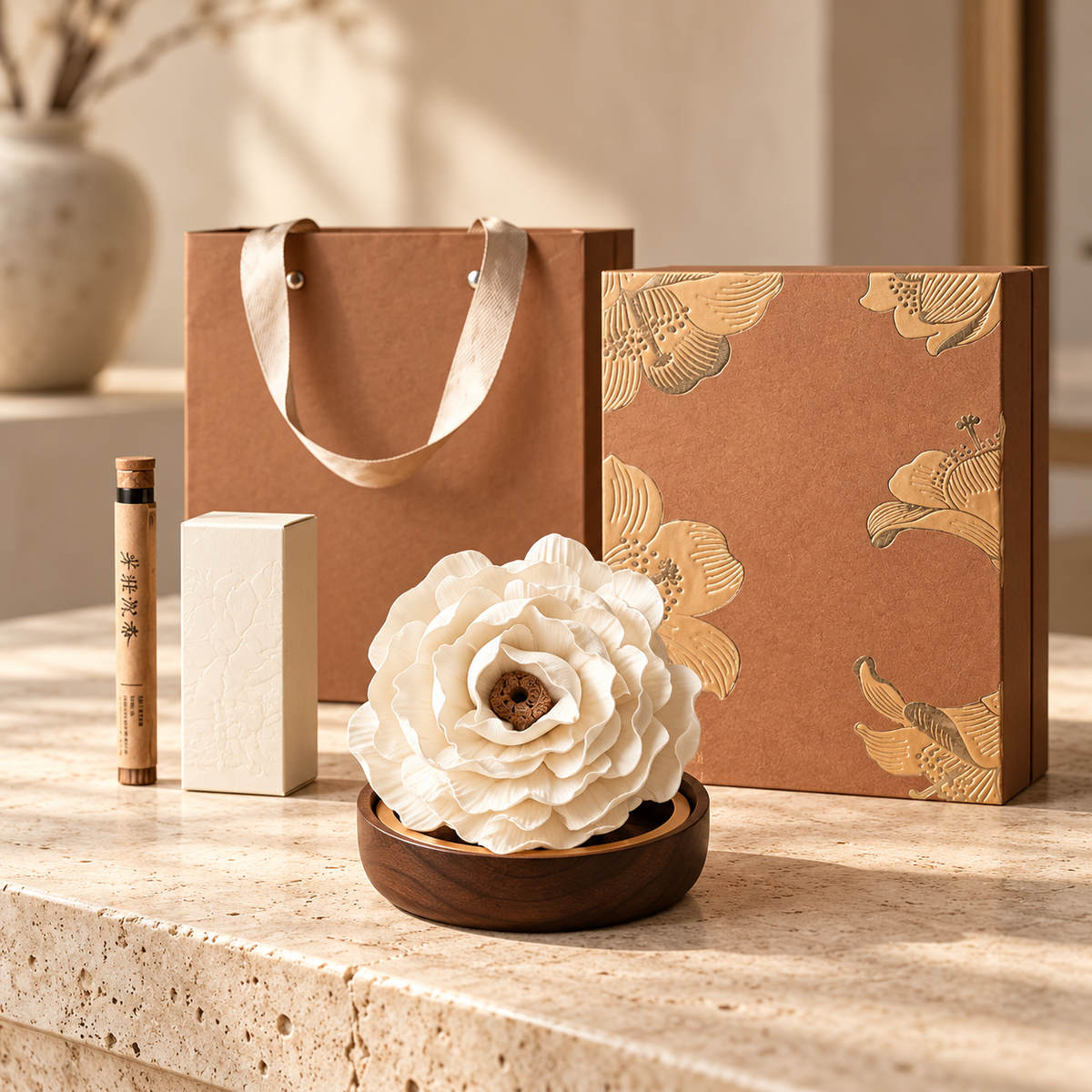 White Peony ceramic flower, oil and incense gift set — styled in a beige interior
