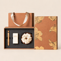 White Peony ceramic flower, oil and incense gift set — complete set on a clean beige background