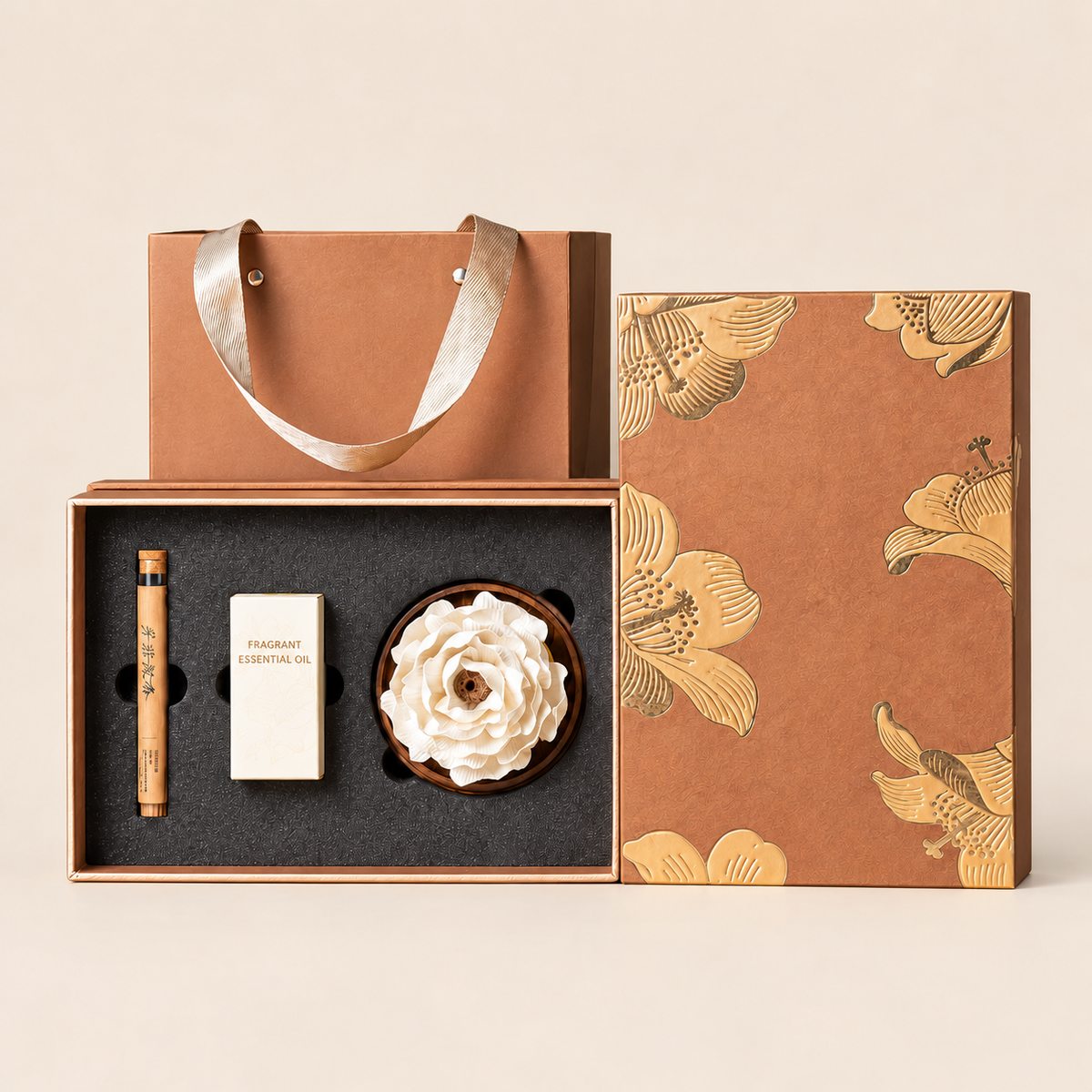 White Peony ceramic flower, oil and incense gift set — complete set on a clean beige background