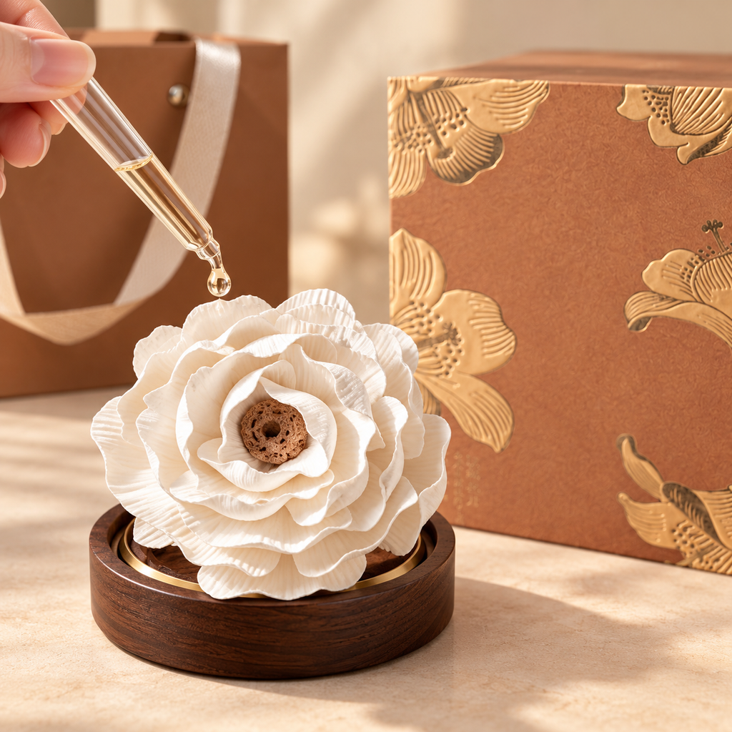 White Peony ceramic flower, oil and incense gift set — oil applied to ceramic petals