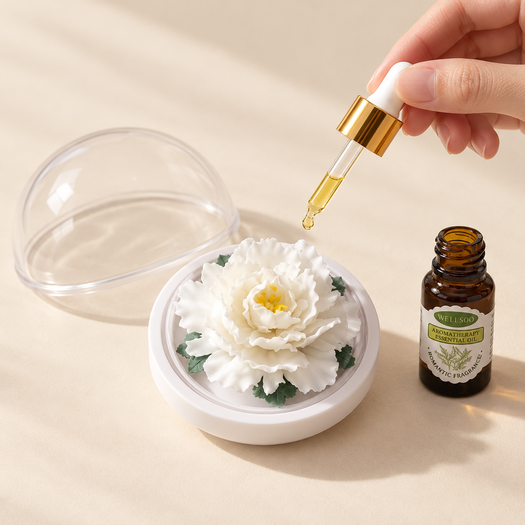 White ceramic peony flower and oil gift set, small version — oil being dropped onto the ceramic flower petals