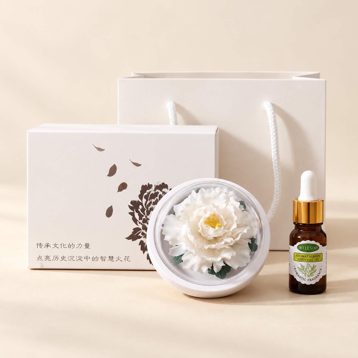 White ceramic peony flower and oil gift set, small version — complete gift set on a beige background