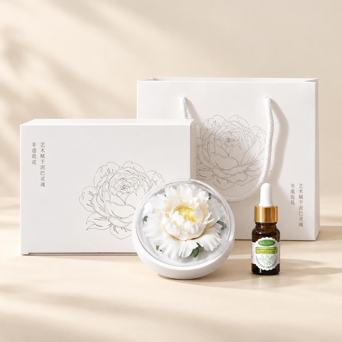 White ceramic peony flower and oil gift set, large version — complete gift set on a beige background