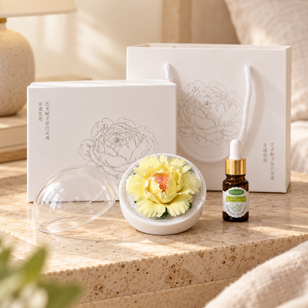 Yellow ceramic peony flower and oil gift set, large version — gift set styled on a bedside table in a beige room